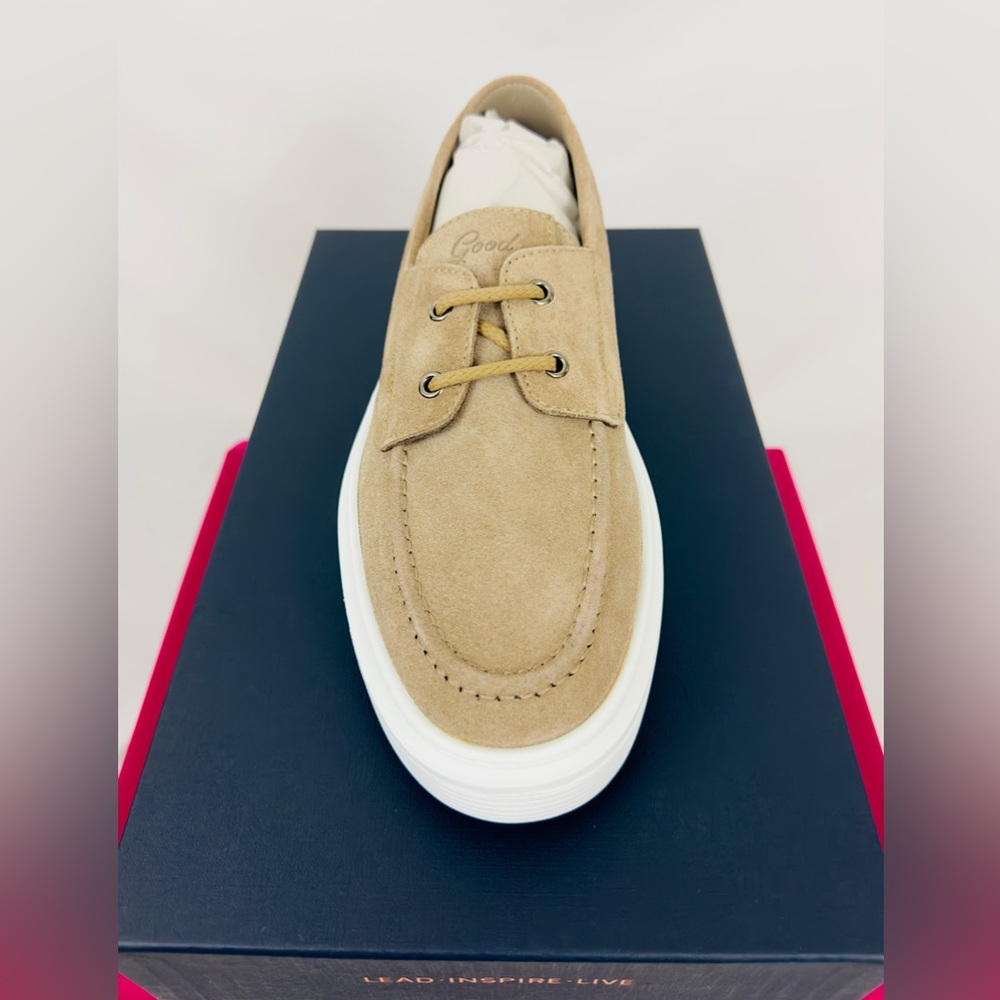 Good Man Brand Men's Suede Boat Shoe in Light Tan with White Sole